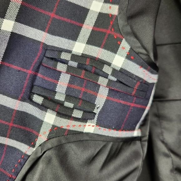 Alice + Olivia Savetta Plaid Windowpane Lamb Leather Elbows Blazer Navy Large - Picture 11 of 16